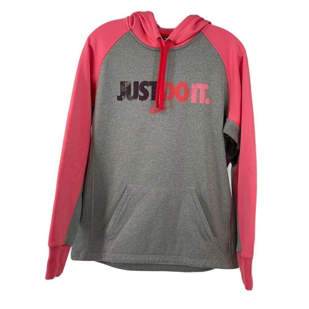 Nike Therma Fit Hoodie Pink Gray Just Do It Womens Size M Pullover Fleece Lined